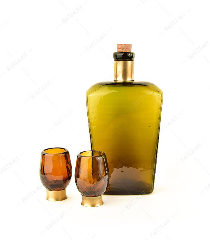 بطری و شات آبگینه رنگ عسلی- کد 012